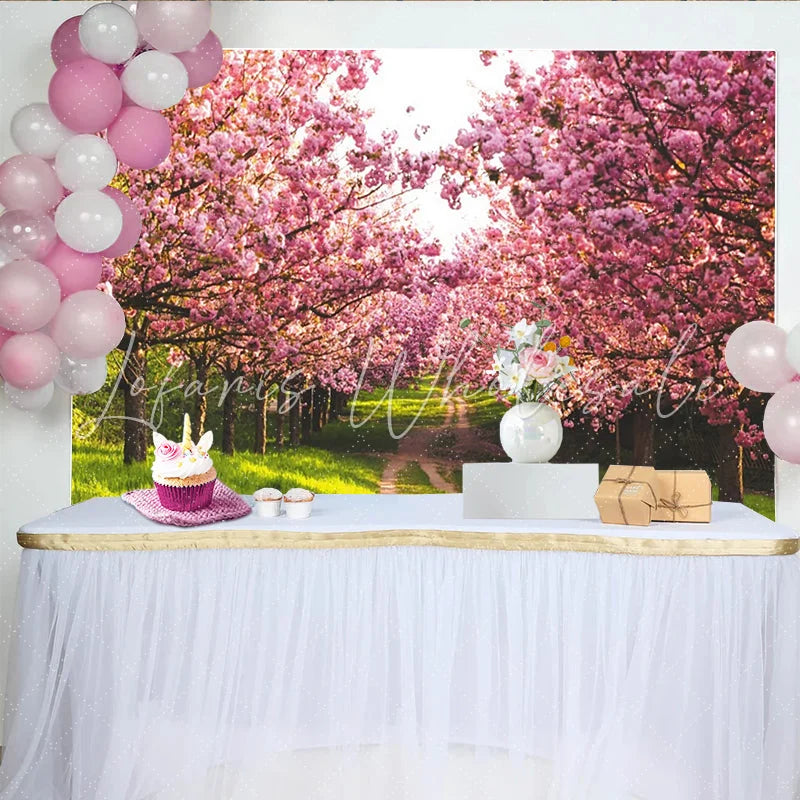 Lofaris Pink Cherry Blossom Photography Backdrop with Green Path Beautiful Spring Floral Background for Studio Photoshoot