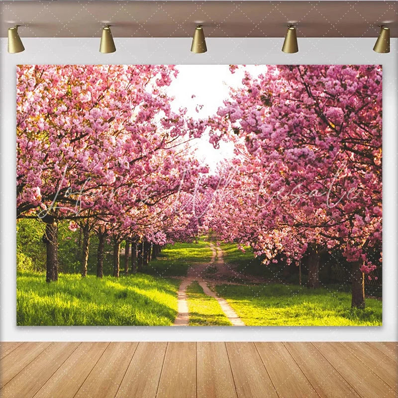 Lofaris Pink Cherry Blossom Photography Backdrop with Green Path Beautiful Spring Floral Background for Studio Photoshoot
