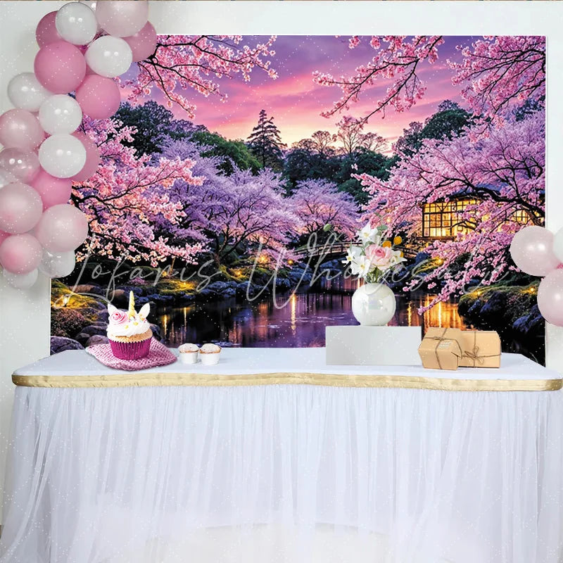 Lofaris Pink Cherry Blossom Photography Backdrop with Japanese Garden and Bridge Serene Spring Scenery Background for Studio and Party Decor
