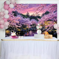 Lofaris Pink Cherry Blossom Photography Backdrop with Japanese Garden and Bridge Serene Spring Scenery Background for Studio and Party Decor