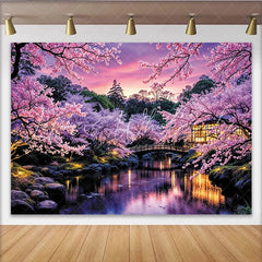 Lofaris Pink Cherry Blossom Photography Backdrop with Japanese Garden and Bridge Serene Spring Scenery Background for Studio and Party Decor
