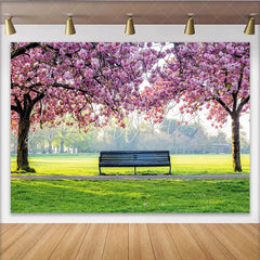 Lofaris Pink Cherry Blossom Photography Backdrop with Park Bench and Green Grass Spring Nature Scene for Studio Photoshoot