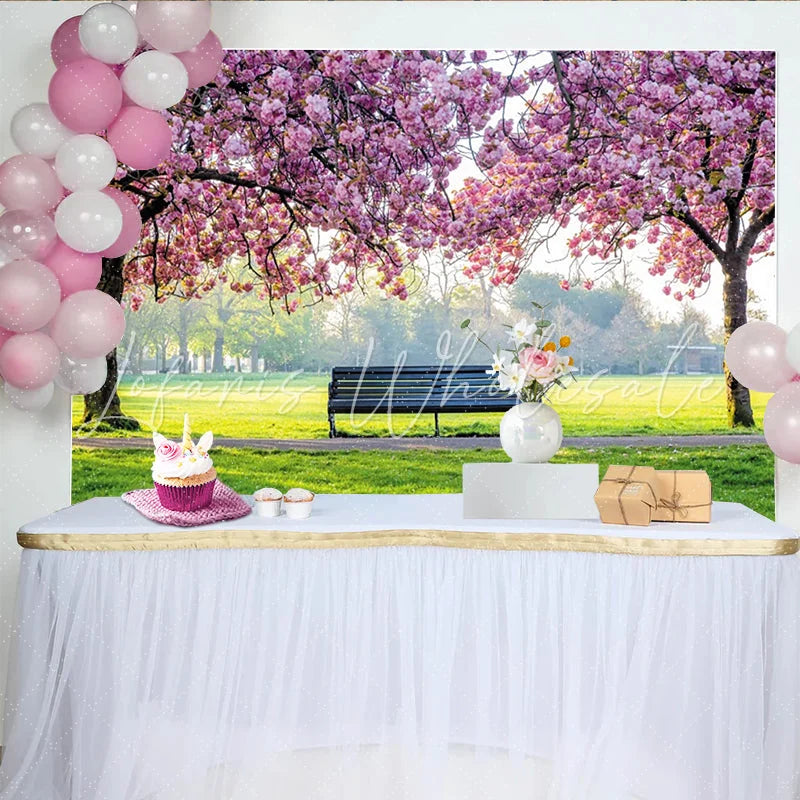Lofaris Pink Cherry Blossom Photography Backdrop with Park Bench and Green Grass Spring Nature Scene for Studio Photoshoot