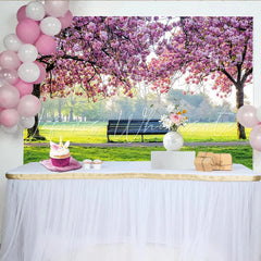 Lofaris Pink Cherry Blossom Photography Backdrop with Park Bench and Green Grass Spring Nature Scene for Studio Photoshoot