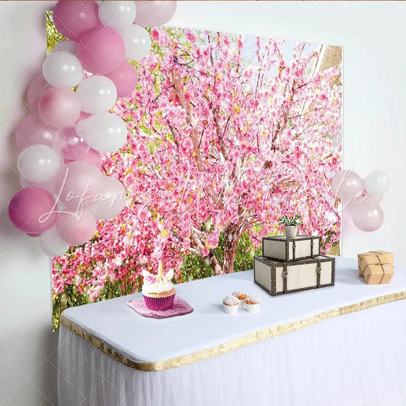 Lofaris Pink Cherry Blossom Photography Backdrop with Spring Flowers Beautiful Nature Studio Background for Portrait Photoshoot