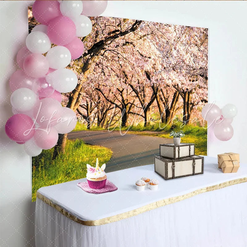 Lofaris Pink Cherry Blossom Photography Backdrop with Winding Road Beautiful Spring Nature Background for Studio Portrait and Event Decor