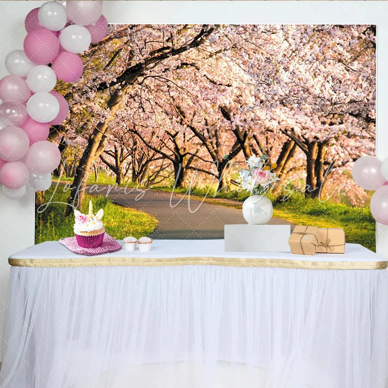 Lofaris Pink Cherry Blossom Photography Backdrop with Winding Road Beautiful Spring Nature Background for Studio Portrait and Event Decor