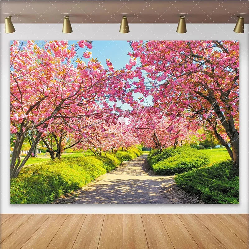 Lofaris Pink Cherry Blossom Spring Backdrop with Green Path and Sunny Sky Beautiful Nature Photography Background for Outdoor Photoshoot