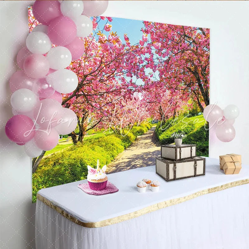 Lofaris Pink Cherry Blossom Spring Backdrop with Green Path and Sunny Sky Beautiful Nature Photography Background for Outdoor Photoshoot