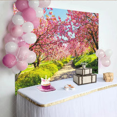 Lofaris Pink Cherry Blossom Spring Backdrop with Green Path and Sunny Sky Beautiful Nature Photography Background for Outdoor Photoshoot