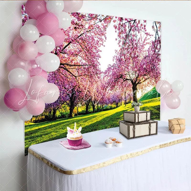 Lofaris Pink Cherry Blossom Spring Photography Backdrop Green Grass Nature Scene Background for Photoshoot