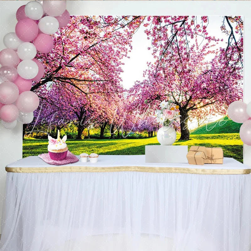 Lofaris Pink Cherry Blossom Spring Photography Backdrop Green Grass Nature Scene Background for Photoshoot