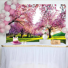 Lofaris Pink Cherry Blossom Spring Photography Backdrop Green Grass Nature Scene Background for Photoshoot