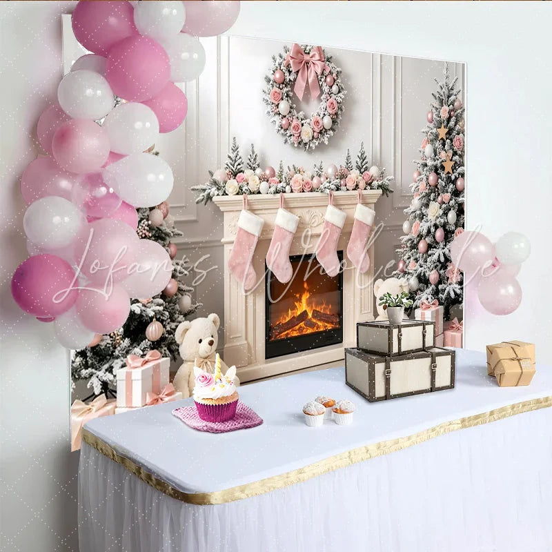 Lofaris Pink Christmas Backdrop with Snow Flocked Trees and Elegant Roses Festive Fireplace Background for Holiday Photoshoot