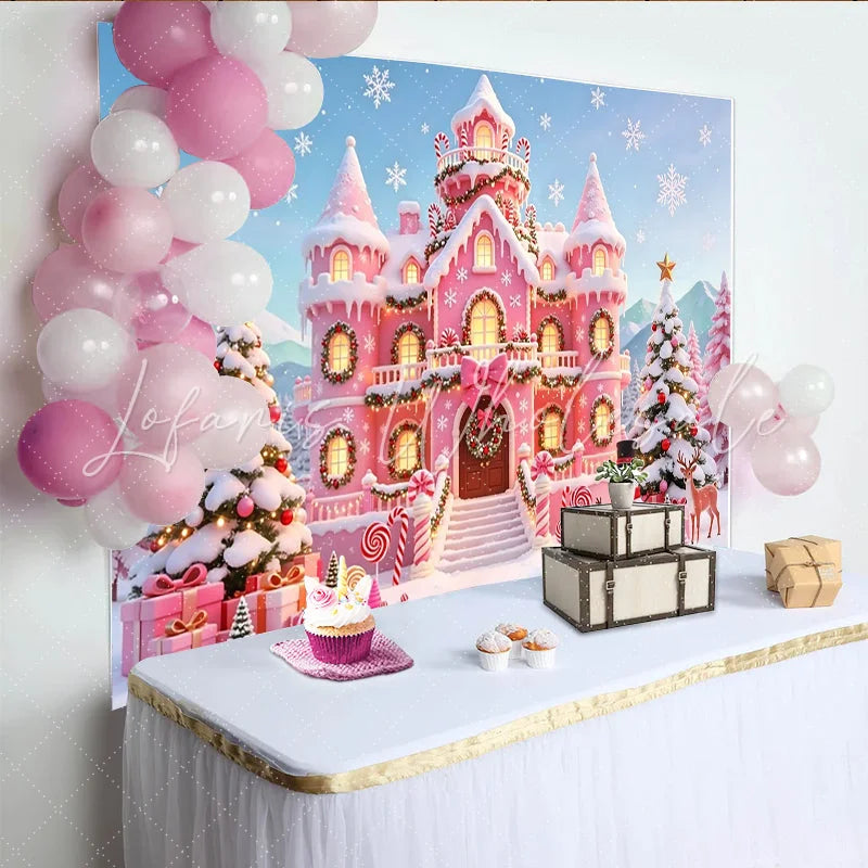 Lofaris Pink Christmas Castle Backdrop with Snow and Candy Canes Festive Winter Wonderland Background for Holiday Party Photography