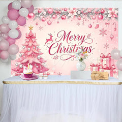 Lofaris Pink Christmas Tree Backdrop with Merry Christmas Text and Gifts Elegant Holiday Background for Festive Party Decor