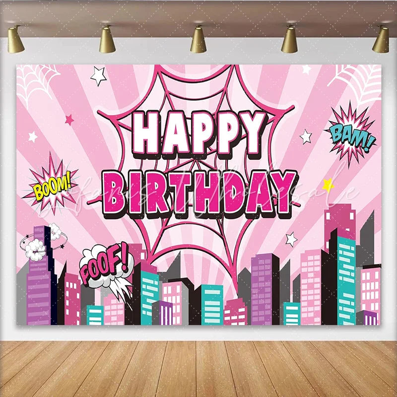 Lofaris Pink Comic Book Birthday Backdrop with Spider Web and City Skyline Pop Art Party Background for Girls Photoshoot and Decoration