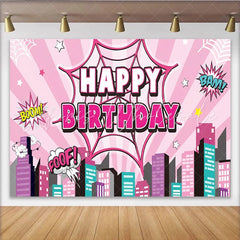 Lofaris Pink Comic Book Birthday Backdrop with Spider Web and City Skyline Pop Art Party Background for Girls Photoshoot and Decoration