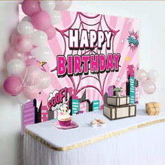 Lofaris Pink Comic Book Birthday Backdrop with Spider Web and City Skyline Pop Art Party Background for Girls Photoshoot and Decoration