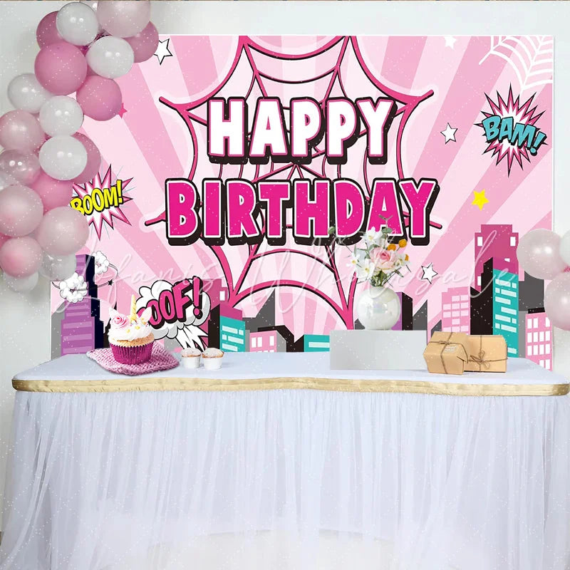 Lofaris Pink Comic Book Birthday Backdrop with Spider Web and City Skyline Pop Art Party Background for Girls Photoshoot and Decoration