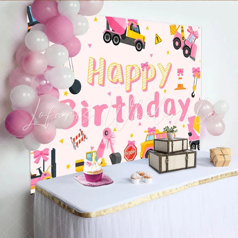 Lofaris Pink Construction Girl Happy Birthday Backdrop Excavator and Truck Party Banner for Kids