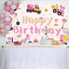 Lofaris Pink Construction Girl Happy Birthday Backdrop Excavator and Truck Party Banner for Kids