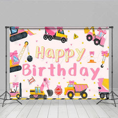 Lofaris Pink Construction Girl Happy Birthday Backdrop Excavator and Truck Party Banner for Kids