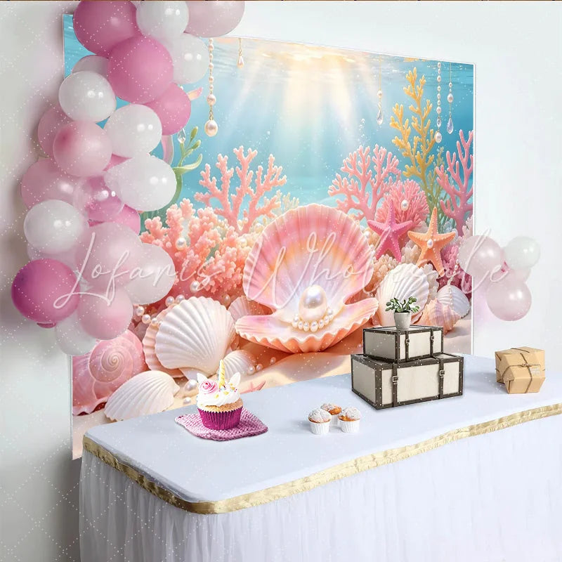 Lofaris Pink Coral Mermaid Photography Backdrop with Seashells and Pearls Enchanting Underwater Background for Studio Photoshoot