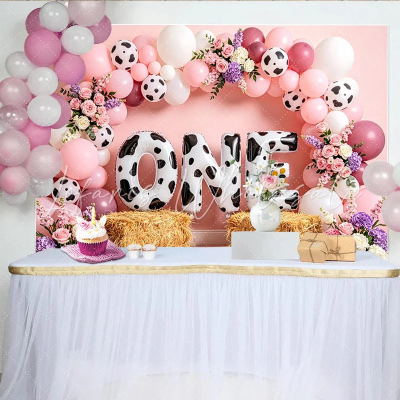 Lofaris Pink Cow Print 1st Birthday Backdrop with Balloons and Flowers Cute Farm Animal Theme Photo Background for Baby Girl Party