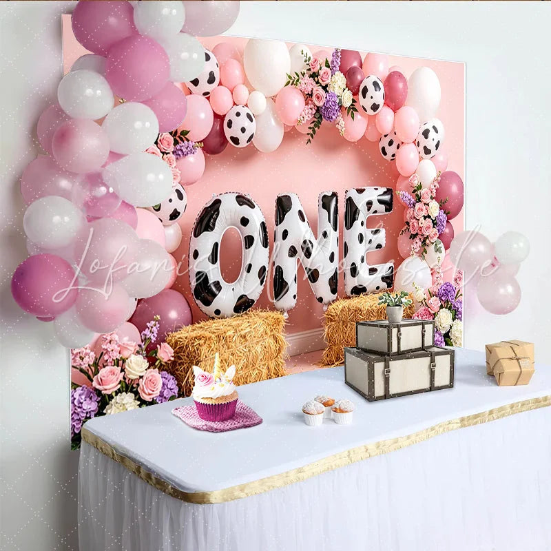Lofaris Pink Cow Print 1st Birthday Backdrop with Balloons and Flowers Cute Farm Animal Theme Photo Background for Baby Girl Party