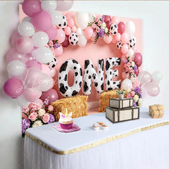 Lofaris Pink Cow Print 1st Birthday Backdrop with Balloons and Flowers Cute Farm Animal Theme Photo Background for Baby Girl Party
