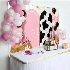 Lofaris Pink Cow Print Cowgirl Birthday Backdrop with Balloons and Boots Farm Party Photo Booth Background for Girls Celebration