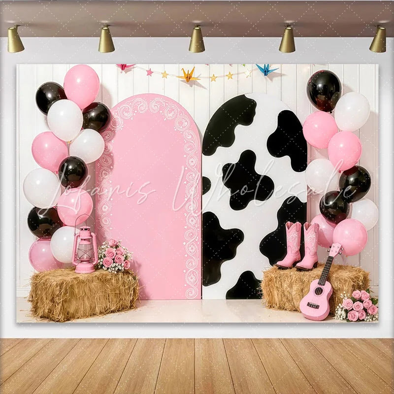 Lofaris Pink Cow Print Cowgirl Birthday Backdrop with Balloons and Boots Farm Party Photo Booth Background for Girls Celebration