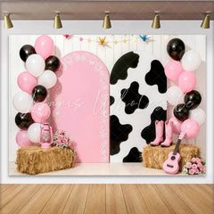 Lofaris Pink Cow Print Cowgirl Birthday Backdrop with Balloons and Boots Farm Party Photo Booth Background for Girls Celebration