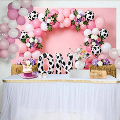 Lofaris Pink Cow Print First Birthday Backdrop with Balloons and Flowers Farm Theme Photo Background for Baby Girl Party Decoration