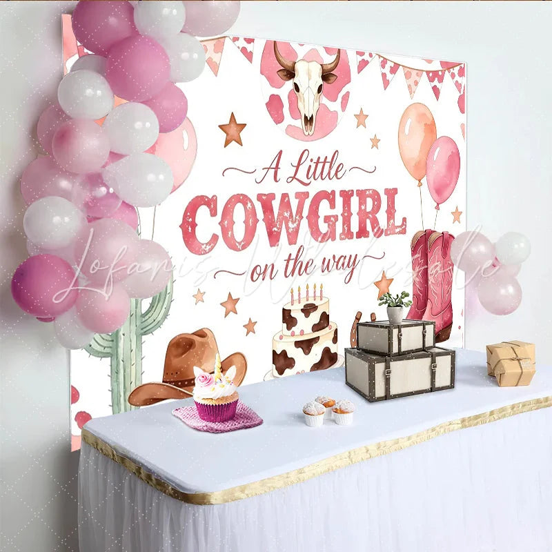 Lofaris Pink Cowgirl Baby Shower Backdrop Western Theme Decor with Boots and Cactus for Girl Party Background