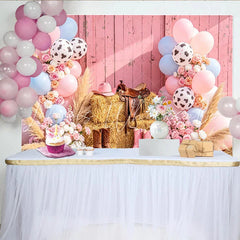 Lofaris Pink Cowgirl Baby Shower Backdrop with Blue Balloons and Hay Bales Western Rodeo Photography Background for Gender Reveal Party