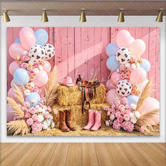 Lofaris Pink Cowgirl Baby Shower Backdrop with Blue Balloons and Hay Bales Western Rodeo Photography Background for Gender Reveal Party