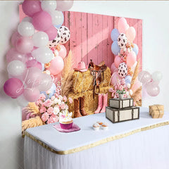 Lofaris Pink Cowgirl Baby Shower Backdrop with Blue Balloons and Hay Bales Western Rodeo Photography Background for Gender Reveal Party