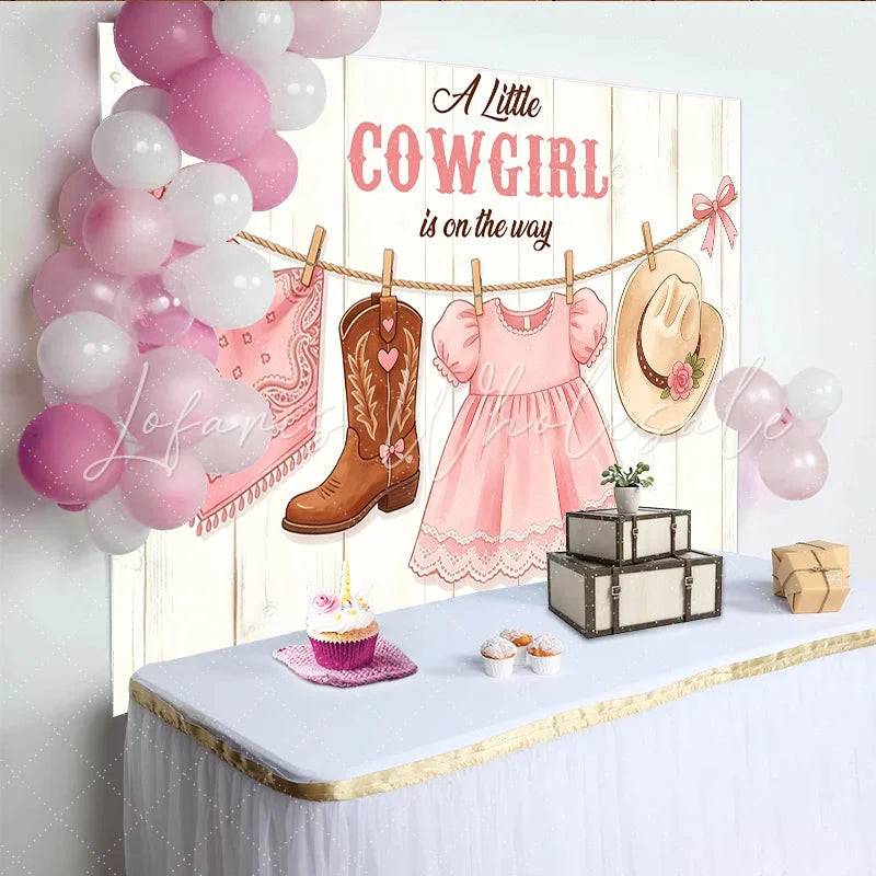 Lofaris Pink Cowgirl Baby Shower Backdrop with Boots Hat and Dress Rustic Wooden Background for Girl Party Decor