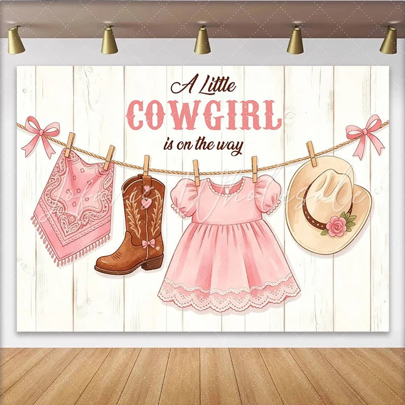 Lofaris Pink Cowgirl Baby Shower Backdrop with Boots Hat and Dress Rustic Wooden Background for Girl Party Decor