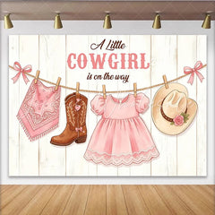 Lofaris Pink Cowgirl Baby Shower Backdrop with Boots Hat and Dress Rustic Wooden Background for Girl Party Decor