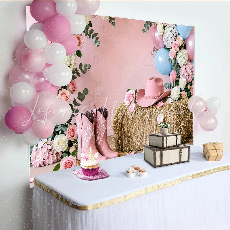 Lofaris Pink Cowgirl Baby Shower Backdrop with Floral Balloons and Hay Bale Rustic Western Photography Background for Gender Reveal Party