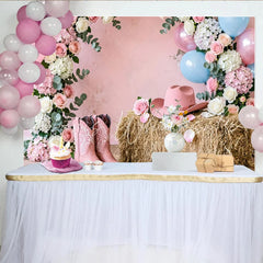 Lofaris Pink Cowgirl Baby Shower Backdrop with Floral Balloons and Hay Bale Rustic Western Photography Background for Gender Reveal Party