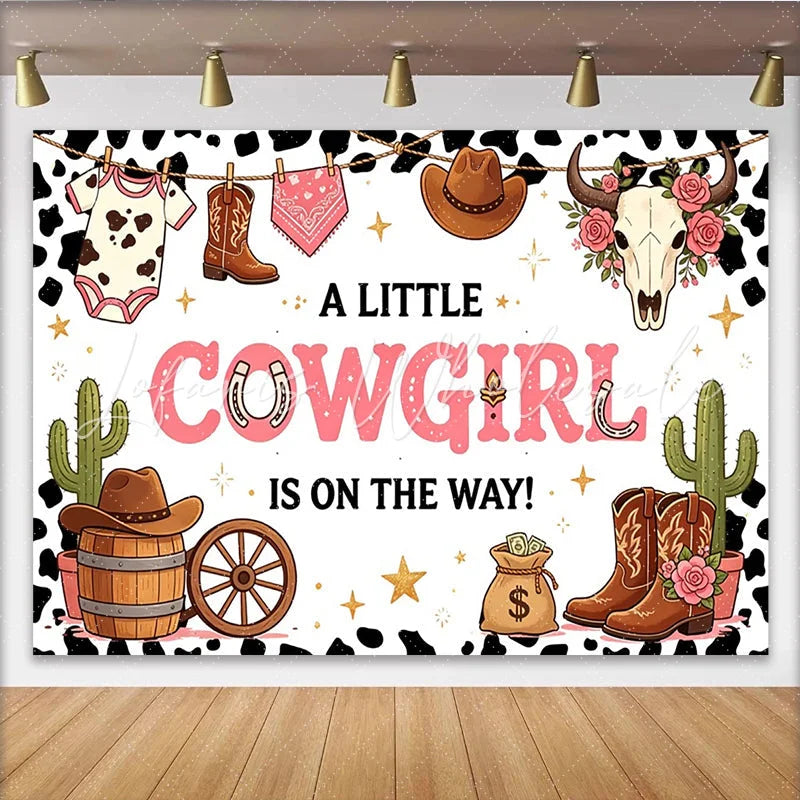 Lofaris Pink Cowgirl Baby Shower Backdrop with Western Boots Hat and Cactus A Little Cowgirl Is On The Way Theme Party Background Decor