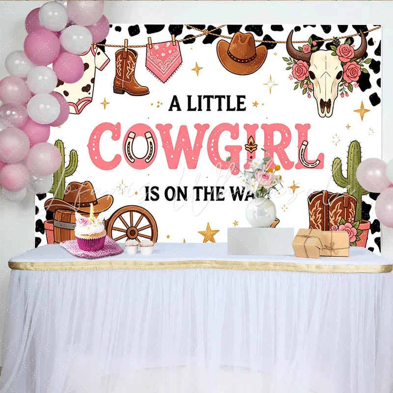 Lofaris Pink Cowgirl Baby Shower Backdrop with Western Boots Hat and Cactus A Little Cowgirl Is On The Way Theme Party Background Decor