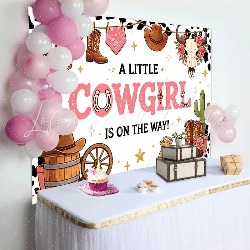 Lofaris Pink Cowgirl Baby Shower Backdrop with Western Boots Hat and Cactus A Little Cowgirl Is On The Way Theme Party Background Decor