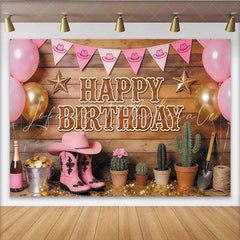 Lofaris Pink Cowgirl Birthday Backdrop with Balloons and Boots Rustic Western Party Decor for Photoshoot