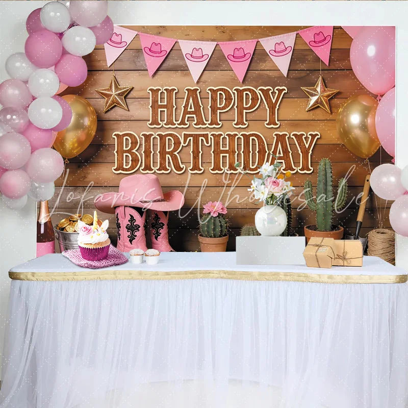 Lofaris Pink Cowgirl Birthday Backdrop with Balloons and Boots Rustic Western Party Decor for Photoshoot