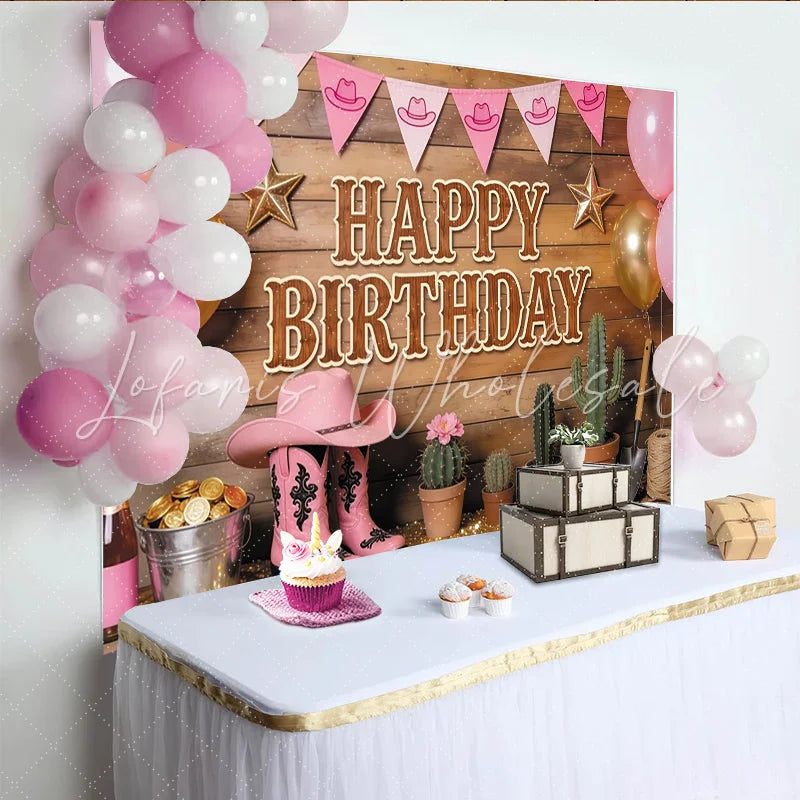 Lofaris Pink Cowgirl Birthday Backdrop with Balloons and Boots Rustic Western Party Decor for Photoshoot